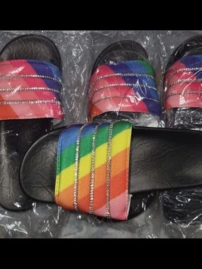 Women's Rainbow Slide Sandals with Crystal-Trim Strap